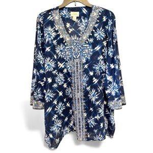 Chico's Maddie Blue Tie-Dye Embellished Tunic 3/4 sleeve